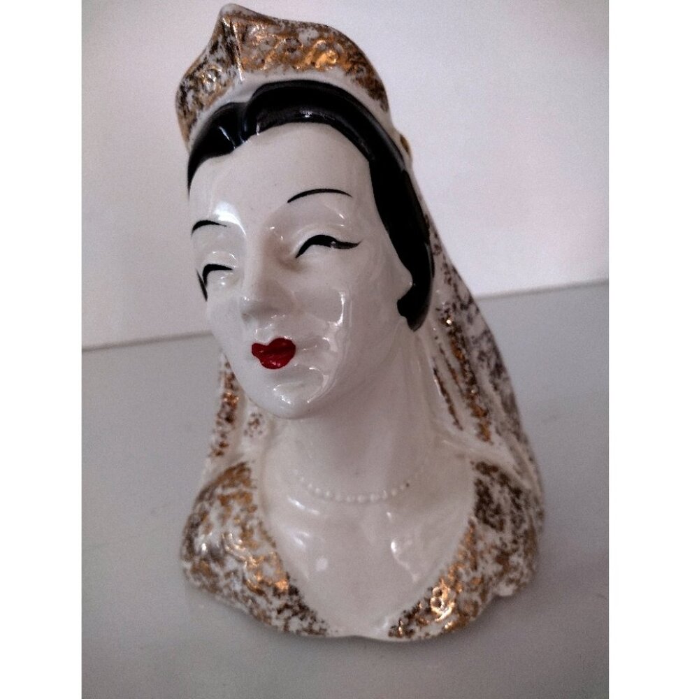 1940s-50s Lady Head Vase Figurine 7" Ceramic Glazed Gold Trim - Rare